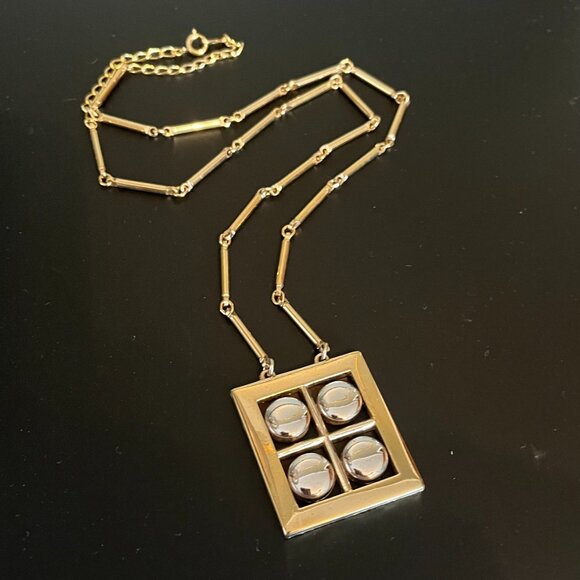 Artistry NY Jewelry - 60s Necklace Signed Artistry NY Mixed Metal Two Tone Window Pendant Bar Link Cha